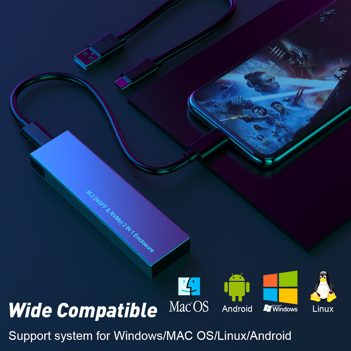NÖRDIC M.2 SSD enclosure - USB-C and USB-A - For NVMe and SATA SSD - Suitable for Smartphone, PC & Tablet