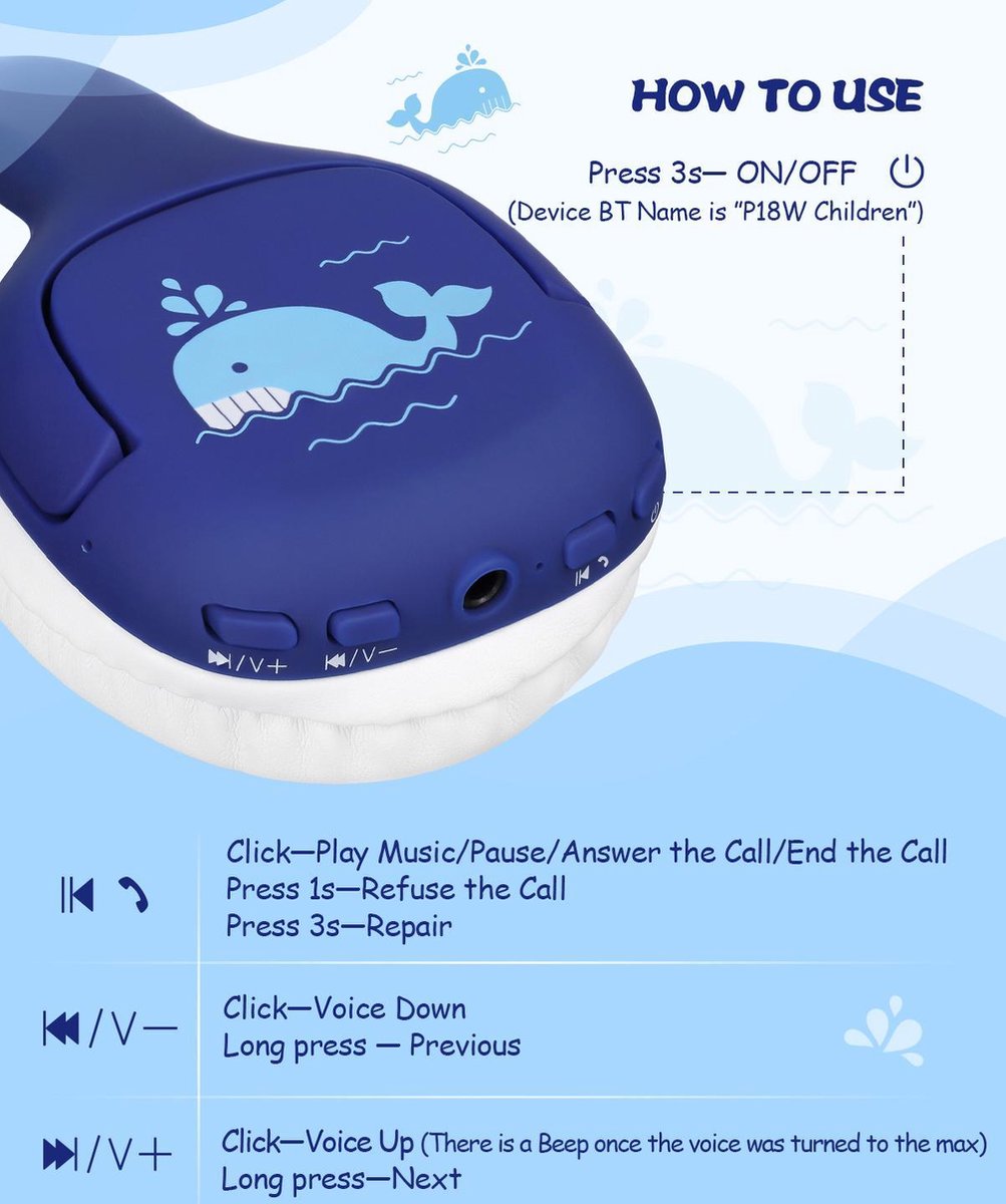 EasySMX EC-C004, Bluetooth headset voor kinderen met volumeschakeling, 3.5 mm jack, donkerblauw/ rood