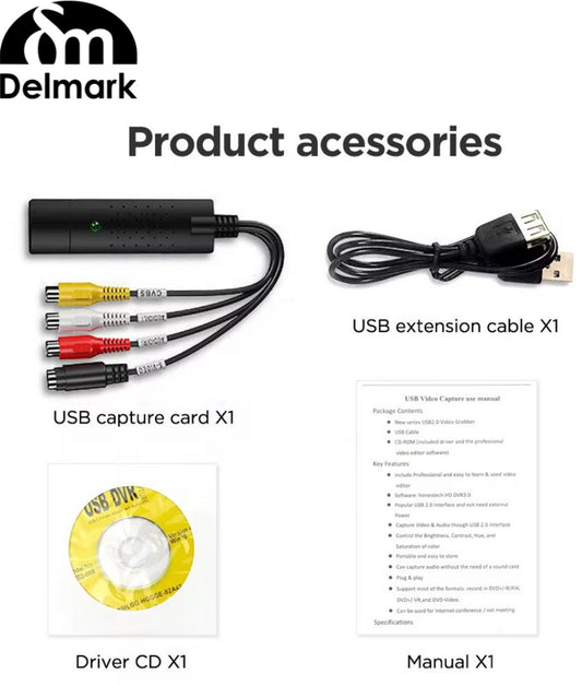 Delmark Video Grabber - USB 2.0/3.0 - Videobanden Digitaliseren - Cam recorder naar PC - VHS/VCR naar PC - Geschikt voor Win 7/8/10