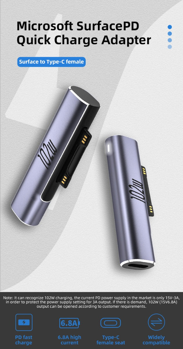 NÖRDIC SURF-104 USB-C Adapter - Geschikt voor Microsoft Surface - 15V 6.8A - 102W - Space Grey