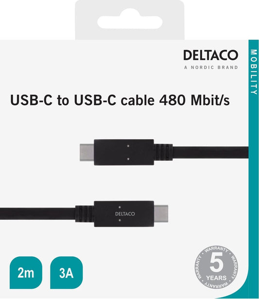 DELTACO USBC-2002M USB-C naar USB-C, 2.0 oplaadkabel, 3A, USB-IF gecertificeerd, 2 meter, Zwart