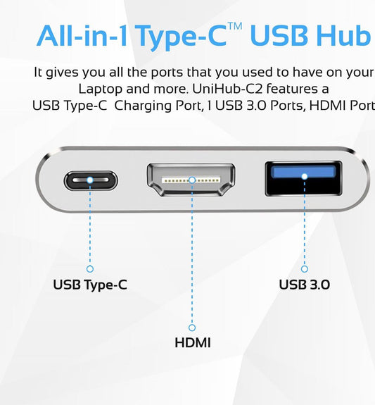 Promate Unihub-C2 USB-C Hub naar USB 3.0 - 4K HDMI en USB-C