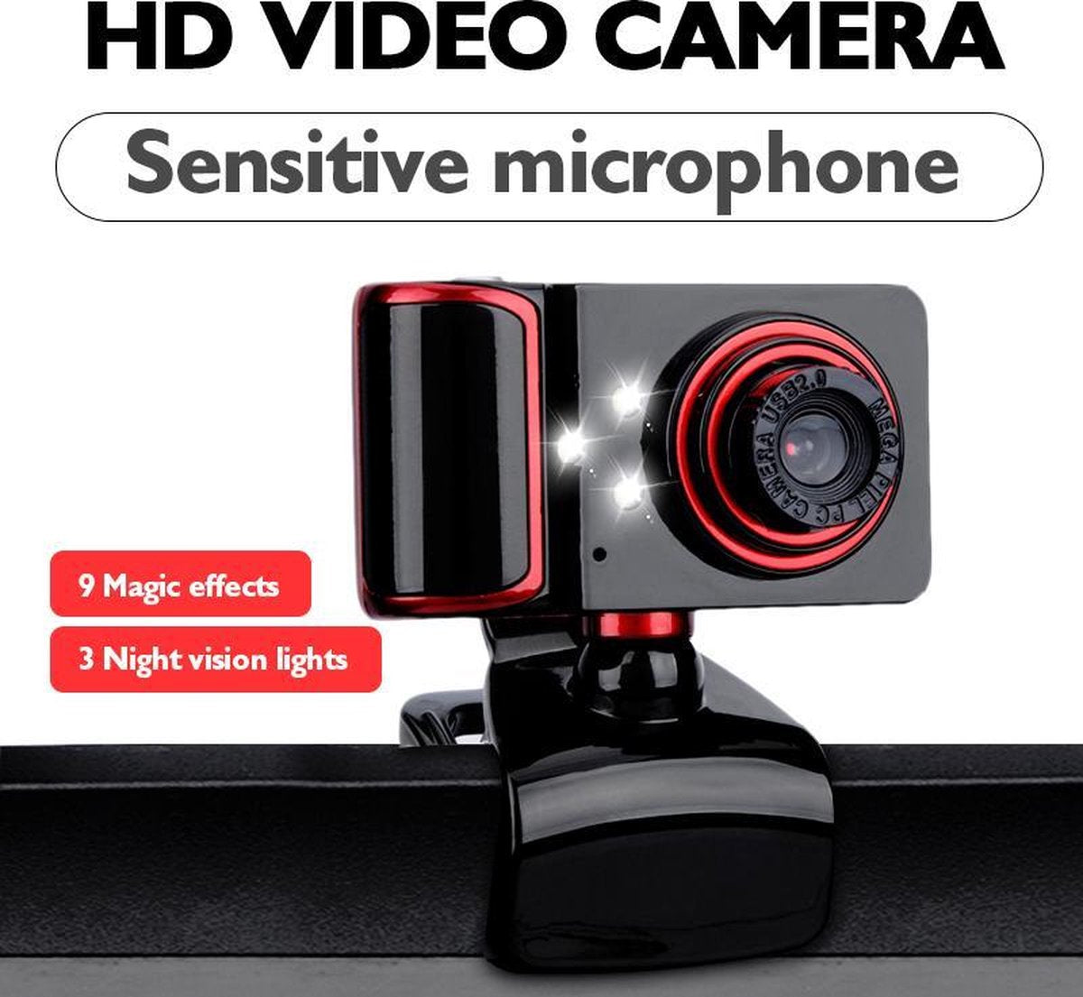 NÖRDIC EC-C102, Mini camera, USB webcam met microfoon voor PC, laptop, Webcamera HD 480p, zwart/rood