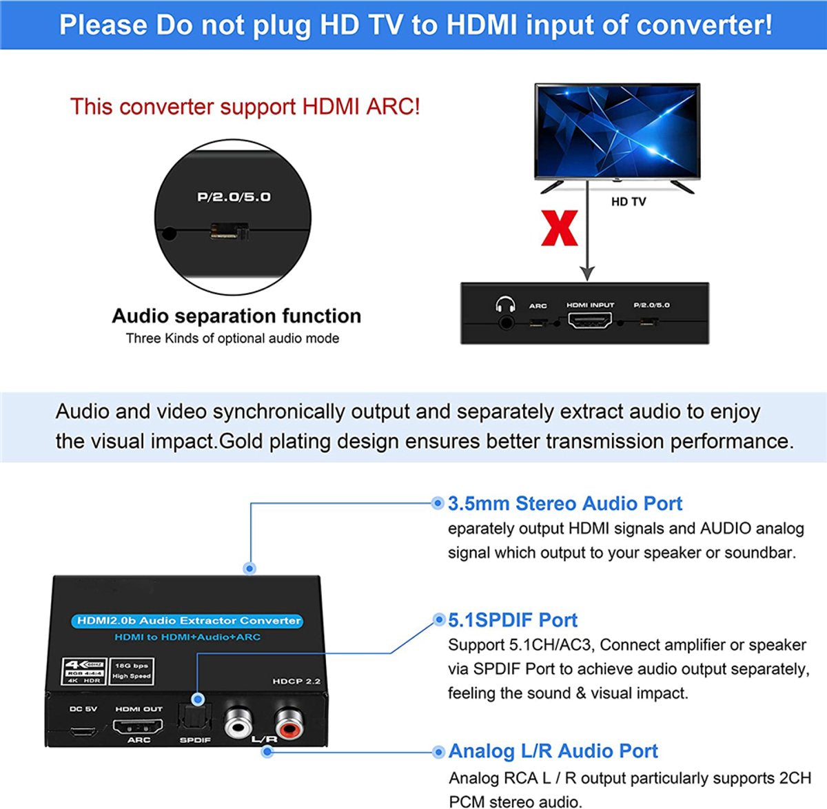 Delmark HDMI 2.0 Audio & ARC Extractor - HDMI naar RCA, SPDIF en 3.5mm AUX - 4K@60Hz, Dolby Atmos & HDR10