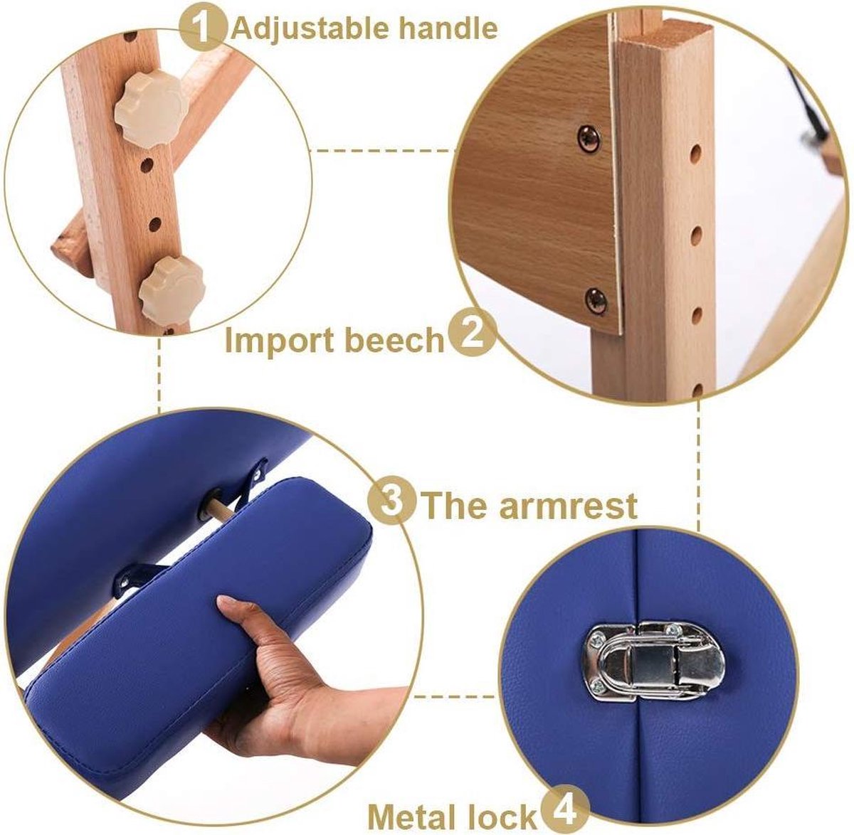 BestMassage MT-T1-Blue - Massage table, portable massage bed, length 186 cm, height adjustable, double folding, face cushion, carrying bag, blue