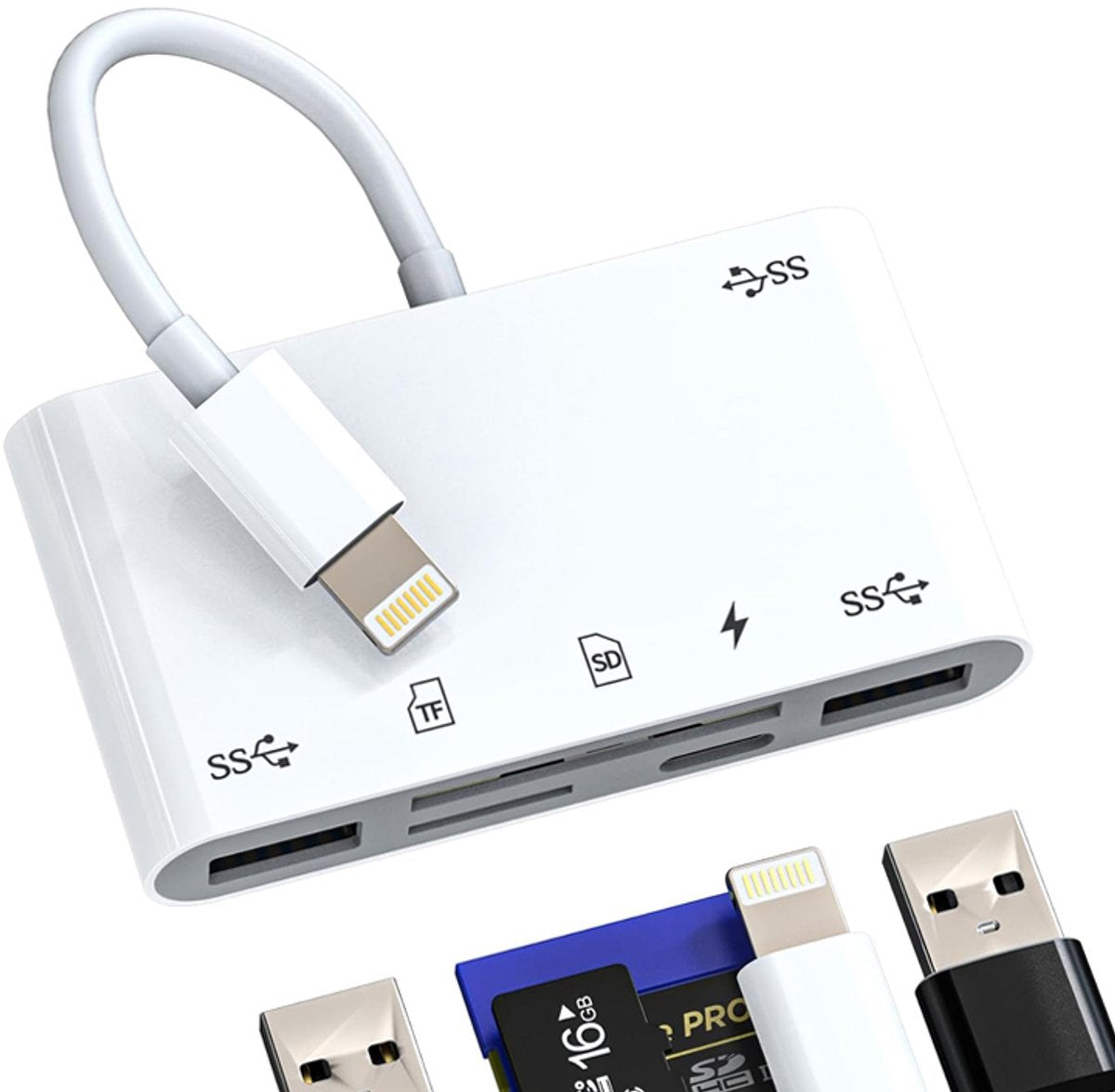 NÖRDIC Lightning Kaartlezer - 2x SD Slot, Micro-SD + 3x USB-A + Lightning Oplaadpoort – Geschikt voor telefoon, tablet en PC