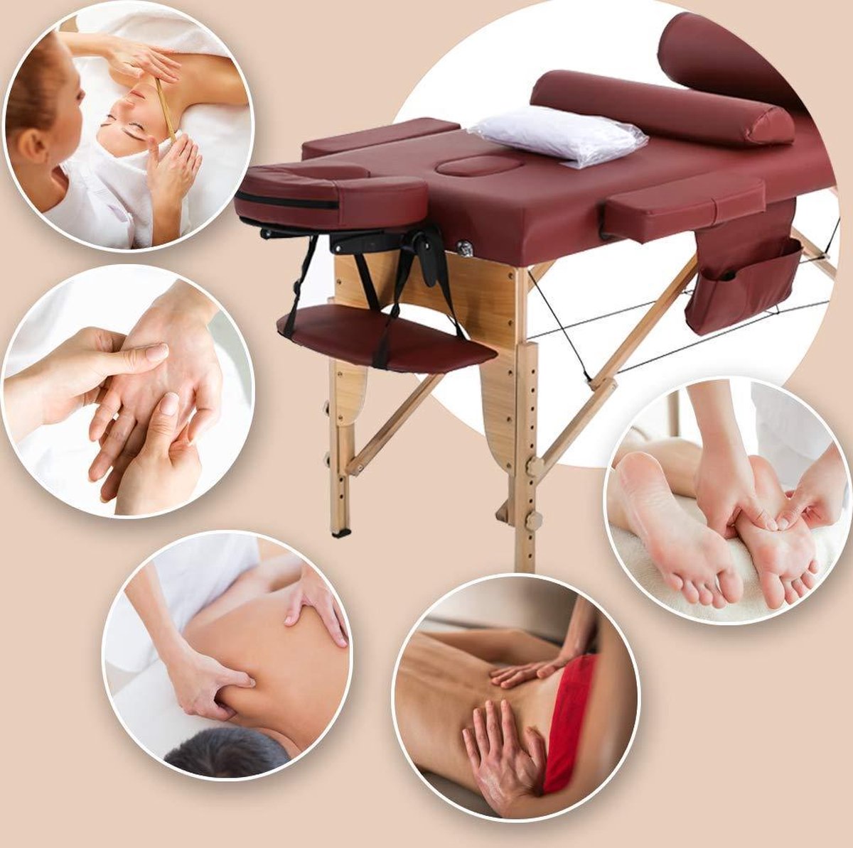 BestMassage MT-482-Burgundy - Massagetafel - lengte 186 cm, hoogte verstelbaar, 2-voudig inklapbaar, gezichtskussen, draagtas en draagbaar - Bordeaux