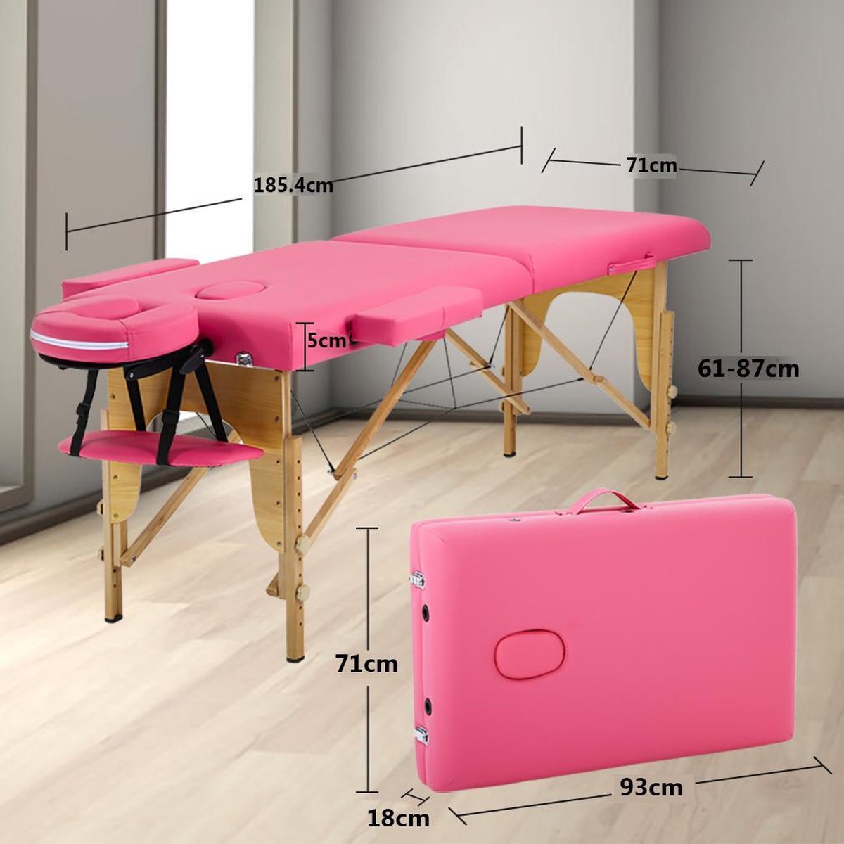 BestMassage MT-296-Pink - Massagetafel, 186 cm, hoogte verstelbaar, tweevoudig inklapbaar, gezichtskussen, draagbaar, draagtas, Roze