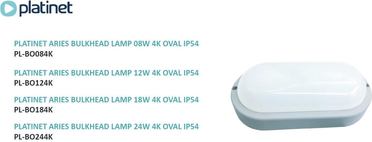 PLATINET PL-BO184K Bulkhead LED wandlamp/plafondlamp, schotlamp ovaal, 18W, 4000K helderwit licht, IP54, wit