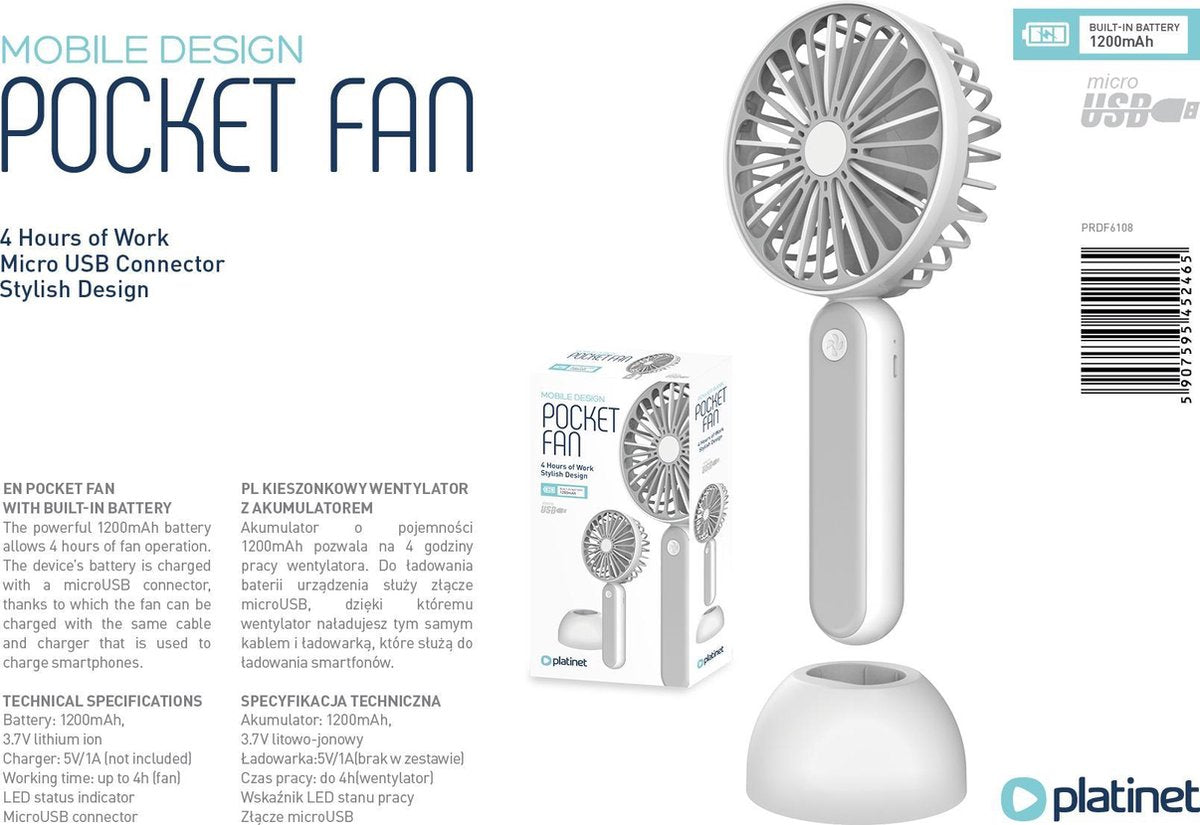 PLATINET PRDF6108 oplaadbare mobiele tafelventilator en handheld ventilator wit