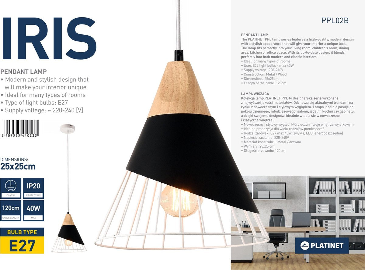 PLATINET PPL02B IRIS Hanglamp zwart metaal met houtaccent E27 fitting maximaal 40W zwart, bruin