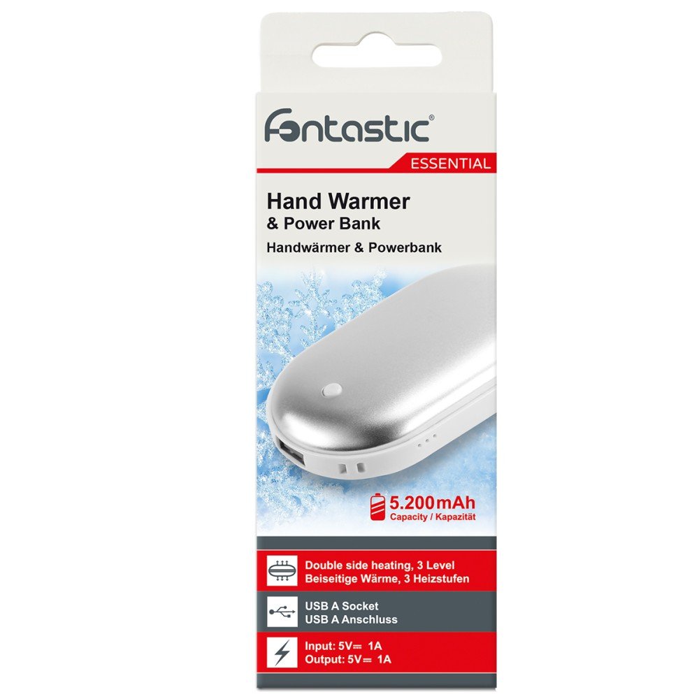 Fontastic 255687 Handwarmer en Powerbank - Dubbelzijdig - 5.200 mAh - 1x USB-A, 1x Micro USB - Zilver