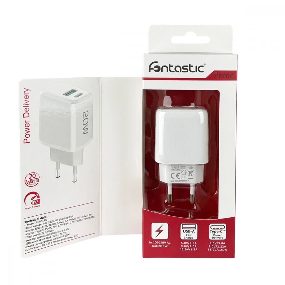 Fontastic 256837 Snellader USB naar USB-C - Power Delivery - 20W - Wit