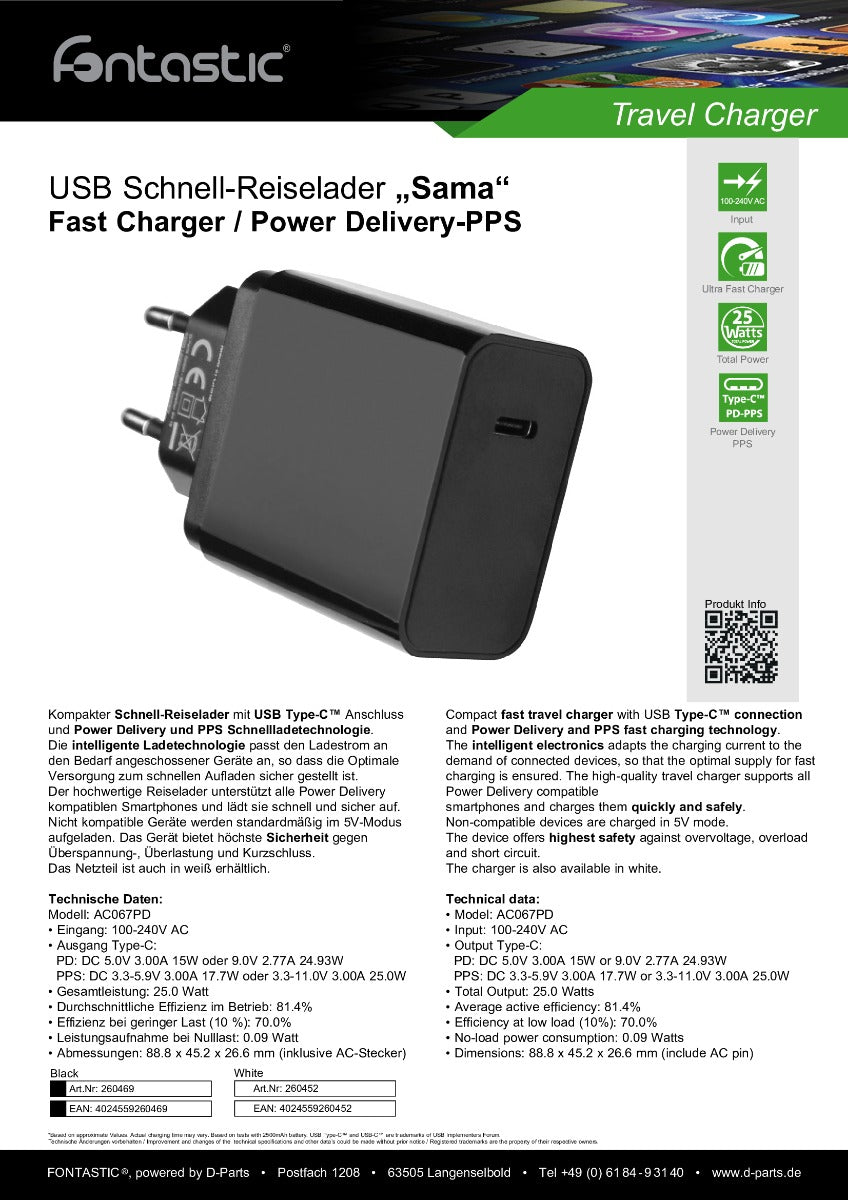 Fontastic 260469 Snellader USB-C - Power Delivery - 25W - Zwart