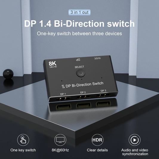 NÖRDIC DP-102 - 2 in 1 Displayport Splitter/Switch - 3 naar 1 Switch - 1 naar 3 Splitter - DP1.4 - 8K30H//4K120Hz - 32.4Gb/s - Zwart