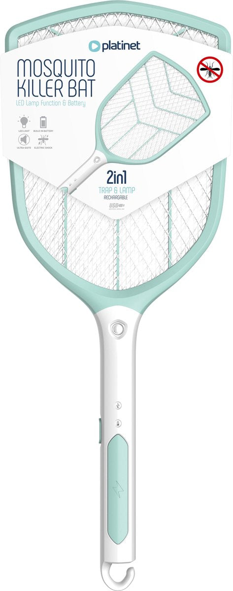 PLATINET PRMB3839 Large Rechargeable Electric Fly Swatter - Mosquito Swatter 1200 mAh Mint White with LED Light