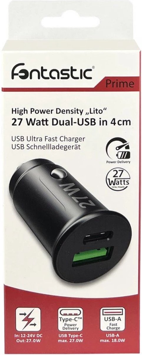 Fontastic 261527 Loose Car Charger USB-A and Type-C - Fast Charger - 27W - Black