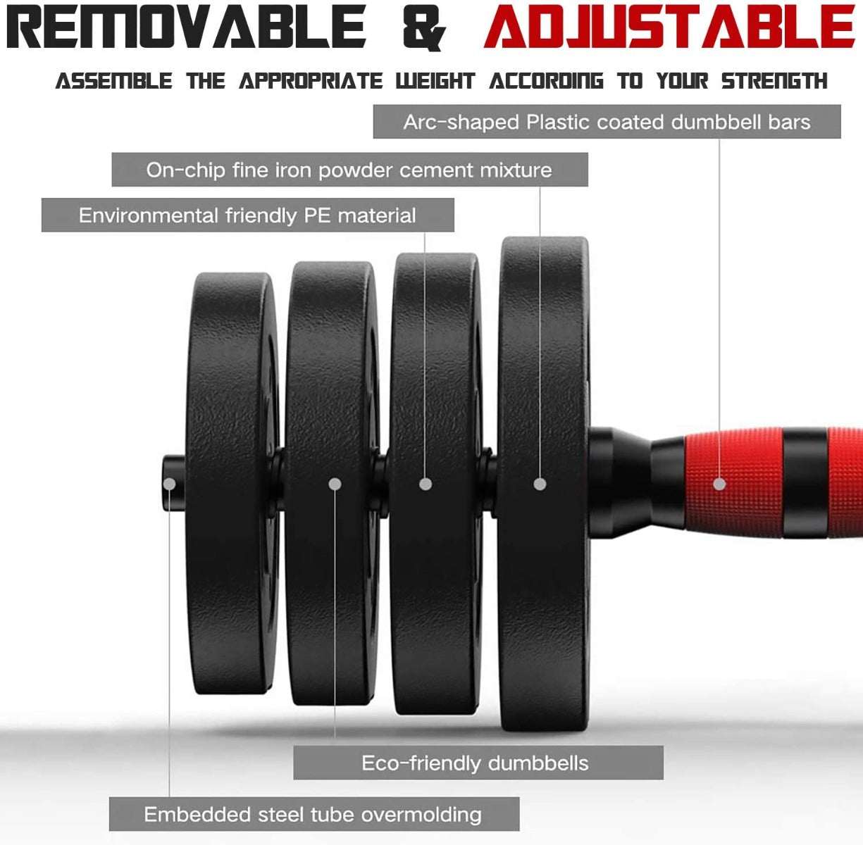 FDW AS8105 Fitness Dumbbell Set - Adjustable Set - 16 Pieces Total 19 kg - Black/Red