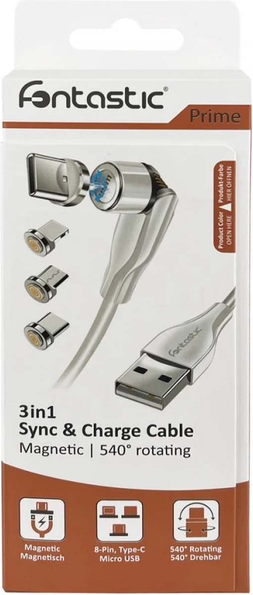 Fontastic 257063 Magnetische USB naar USB-C kabel - Micro-USB, Lightning - 1.2m - Wit