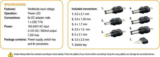DELTACO PSR-06A Universele voedingsadapter - 7.2W - 6 Verwisselbare connectoren - Zwart
