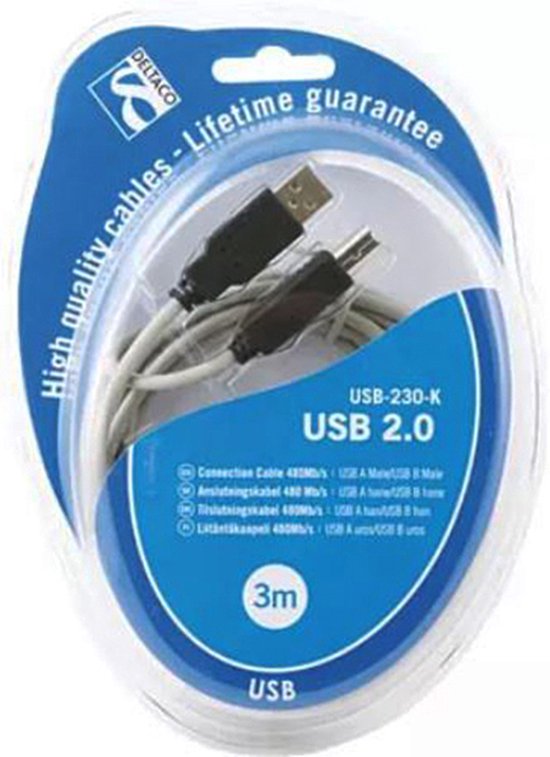 DELTACO USB-230-K Verbindingskabel USB 2.0, USB A mannelijk naar USB B mannelijk, 3 meter, Grijs