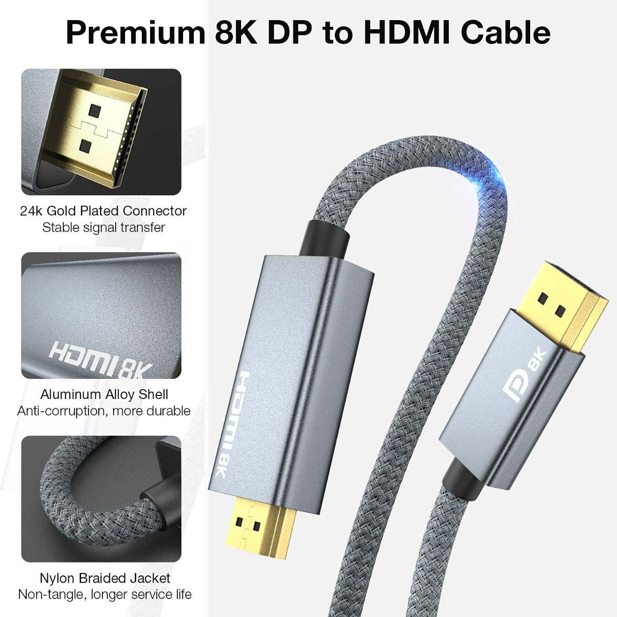NÖRDIC DPHM-200 - 2m Displayport to HDMI 2.1 cable - 8K60Hz / 4K120/144Hz - Dynamic HDR - 32.4Gbps Dolby ATMOS