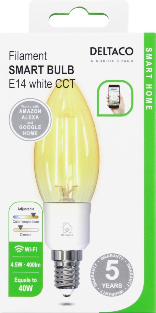DELTACO SMART HOME SH-LFE14C35 Slimme Filamentlamp - E14 - 4.5W - C35 - Ø 35 mm - Wit