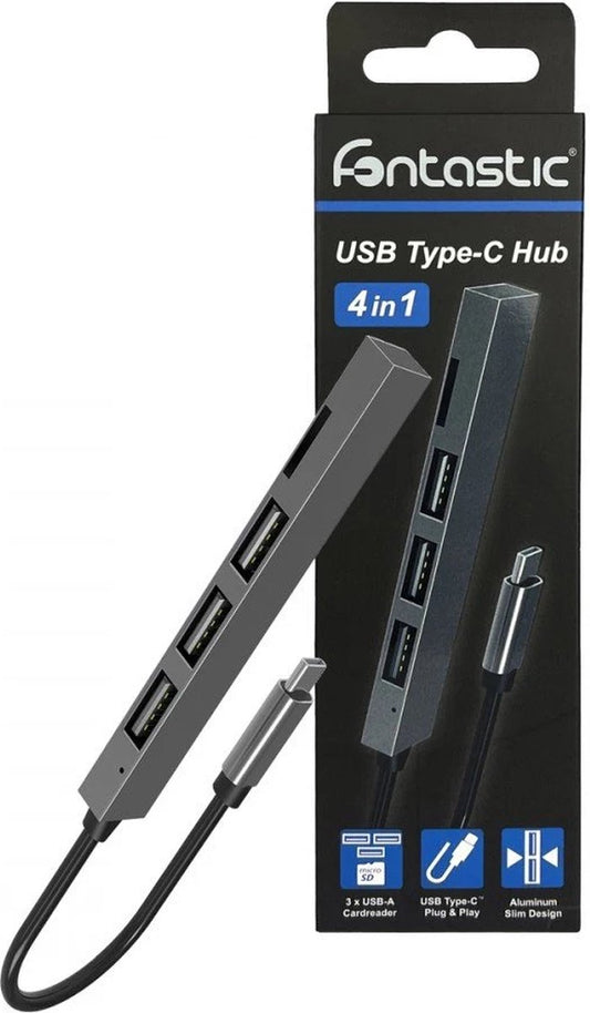 Fontastic 260575 - 4 in 1 Multi-Port USB-C Hub - 3 x USB-A 2.0 - Micro-SD Slot - Gray