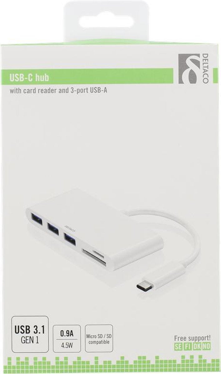 DELTACO USBC-HUB USB-C to 3 x USB 3.1 HUB with built-in microSD and SD card reader adapter white