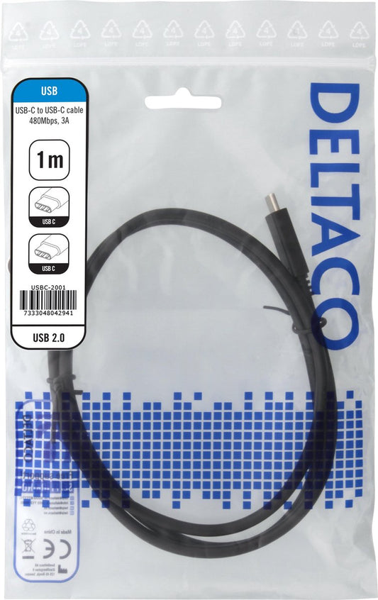 DELTACO USBC-2001, USB-C naar USB-C, 2.0 oplaadkabel, 3A, 1 meter, zwart