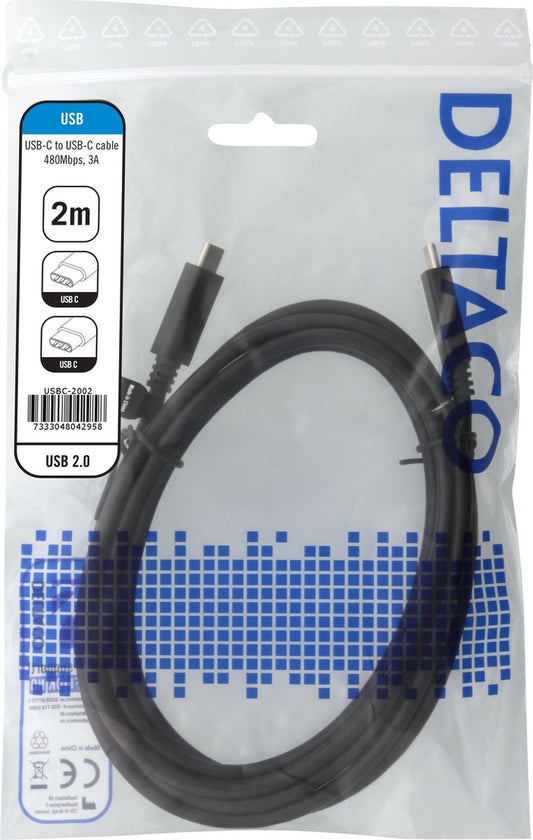 DELTACO USBC-2002, USB-C naar USB-C, 2.0 oplaadkabel, 3A, 2 meter, zwart
