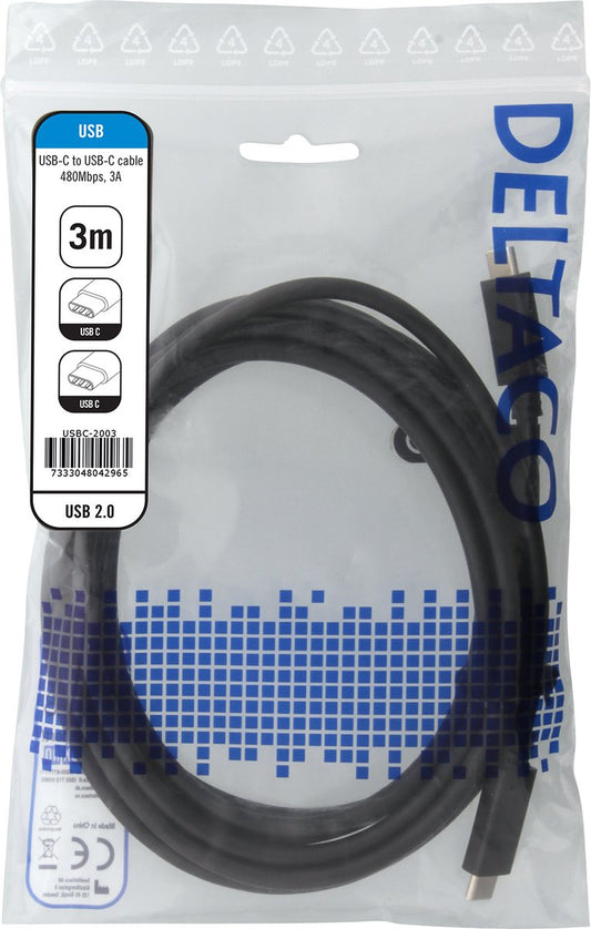 DELTACO USBC-2003, USB-C naar USB-C, 2.0 oplaadkabel, 3A, 3 meter, zwart