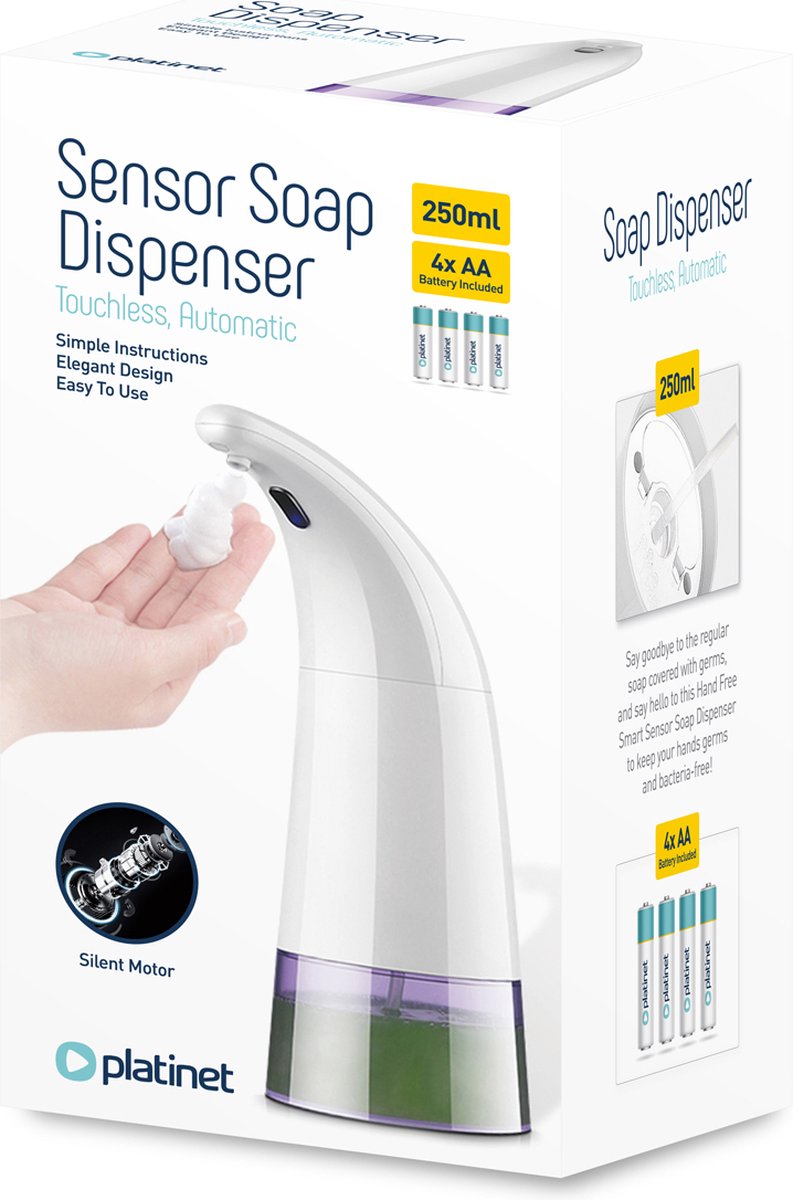 Platinet PHS280 Automatic Soap Dispenser - No Touch Soap Dispenser with Sensor - 250ml capacity - Also suitable for disinfectant liquids - white