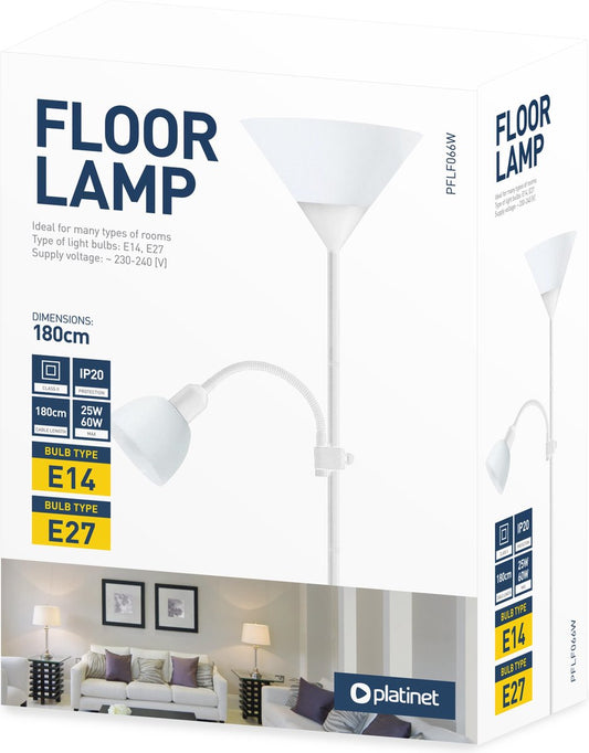 Platinet PFLF066W Moderne staande vloerlamp - Extra draaibare spot - leeslamp - Wit