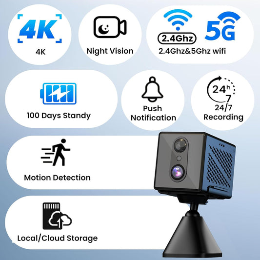 Nördic 4K Ultra HD Mini Überwachungskamera – 5GHz WiFi – Bewegungserkennung & Nachtsicht bis zu 10m – mit App