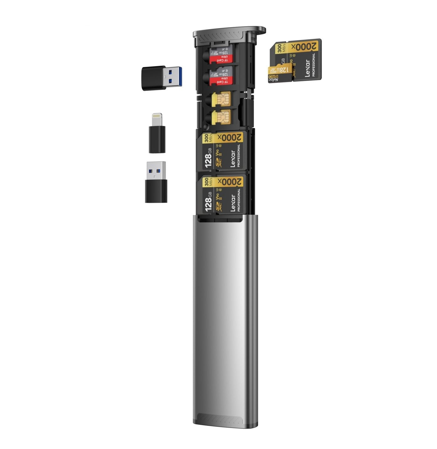 NÖRDIC Memory Card Reader - USB-A, USB-C 3.1, Lightning - SD Card - SIM Card Storage - Suitable for PC & Smartphone