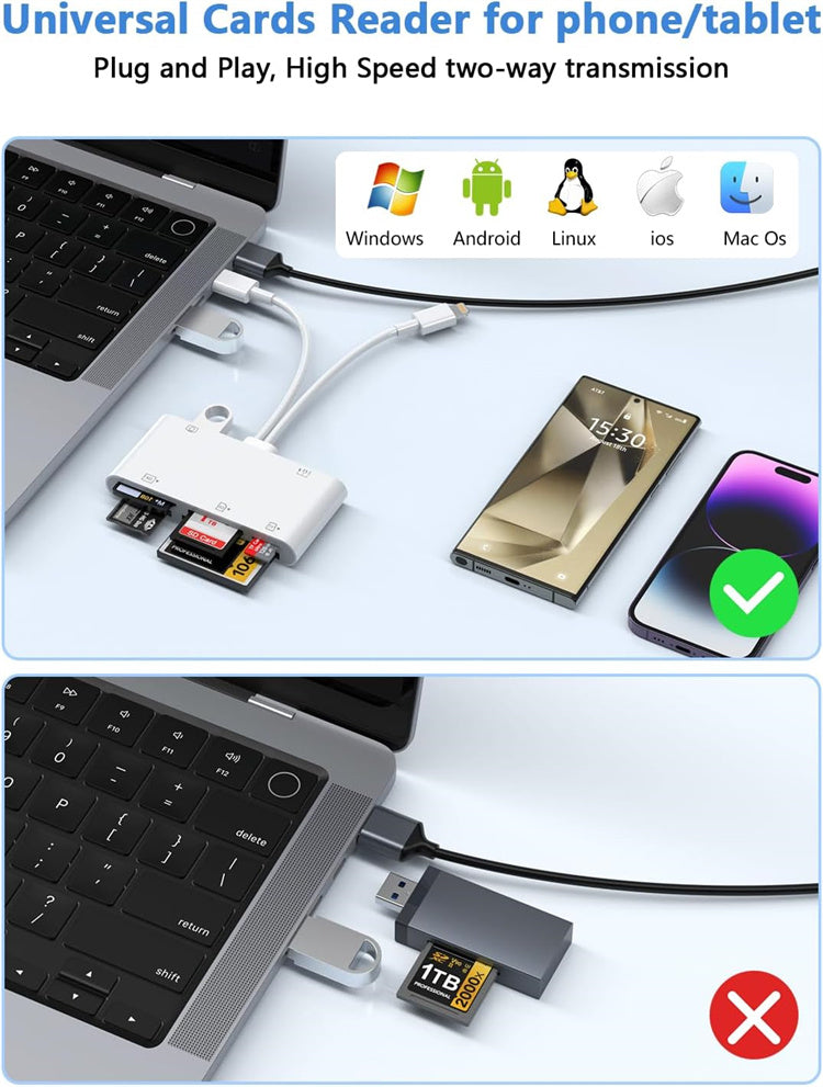 NÖRDIC Lightning Kaartlezer - CF, SD, MicroSD, MS, XD Kaartlezer - USB-C, USB -A - Geschikt voor Smarpthone, Tablet & PC