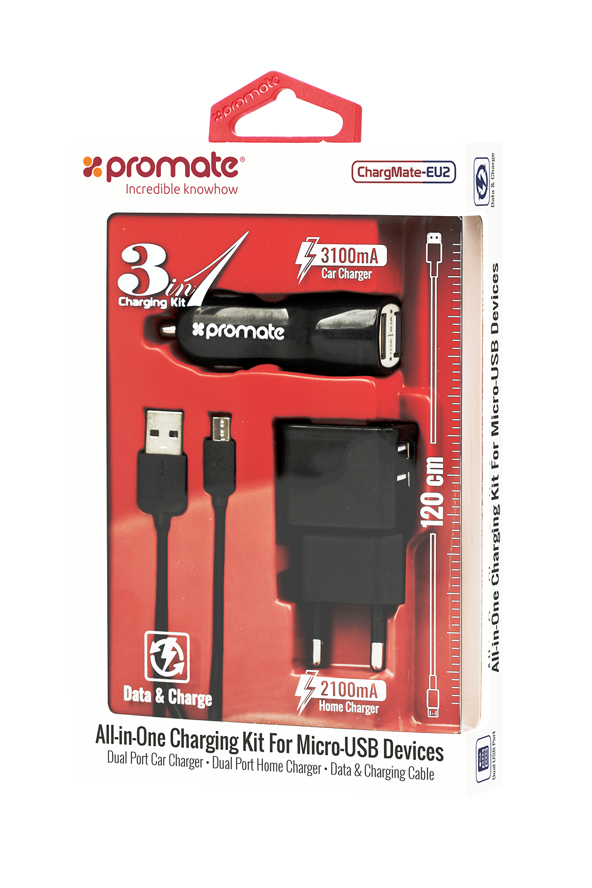 Promate Carkit - Geschikt voor Android Smartphone en Tablet - 3.1A - Autolader USB - Micro USB 1.2m - Adapter - Voor Thuis en Onderweg
