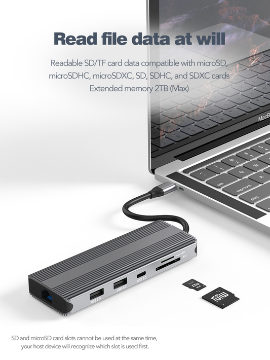NÖRDIC 1 naar 10 USB-C Dockingstation - 8K/30Hz & 4K/60Hz - Dual HDMI - Gigabit LAN - USB-A & USB-C 3.1 - SD/MicroSD - 87W Power Delivery - Voor Windows & macOS