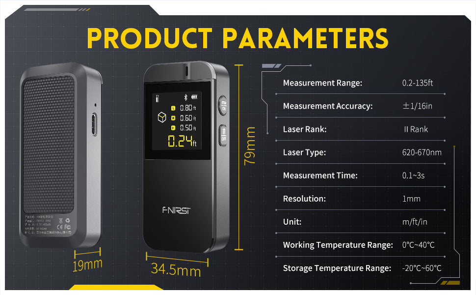 FNIRSI Smart Laser Distance Meter - 40m Range - Bluetooth - Suitable for Smartphone - USB-C Charging