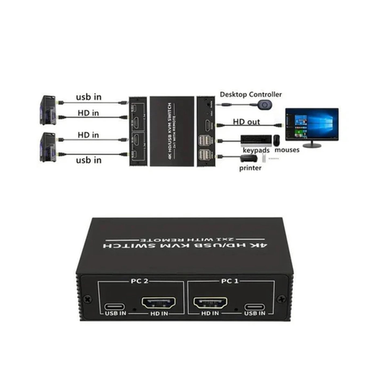 NÖRDIC KVM HDMI switch 2 in to 1 out - HDMI out 4K60Hz, 3xUSB A 2.0 - 2xHDMI in - Black