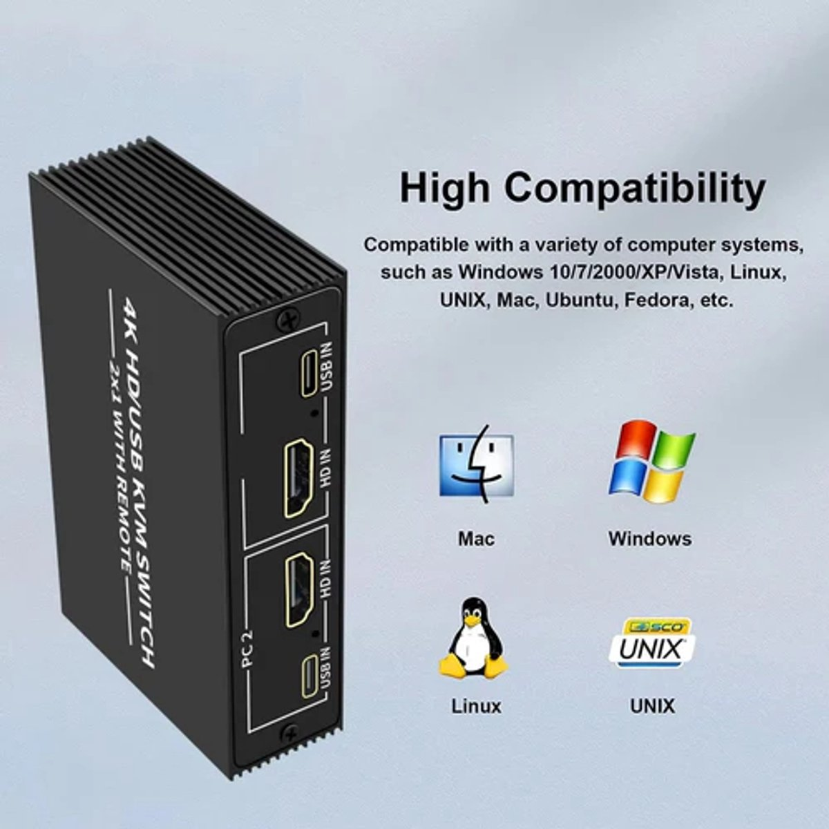 NÖRDIC KVM HDMI switch 2 in naar 1 uit - HDMI uit 4K60Hz, 3xUSB A 2.0 - 2xHDMI in - Zwart