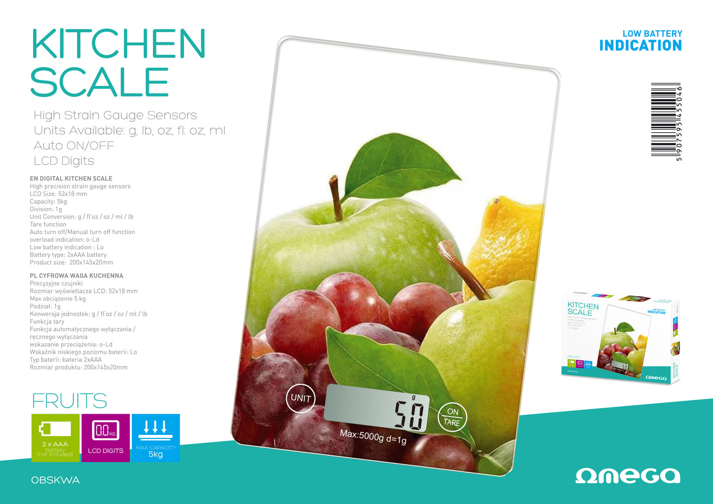 Omega Kitchen Scale - fruit -, 2x AAA (not included), max 5kg, accuracy: 1g, auto on/off