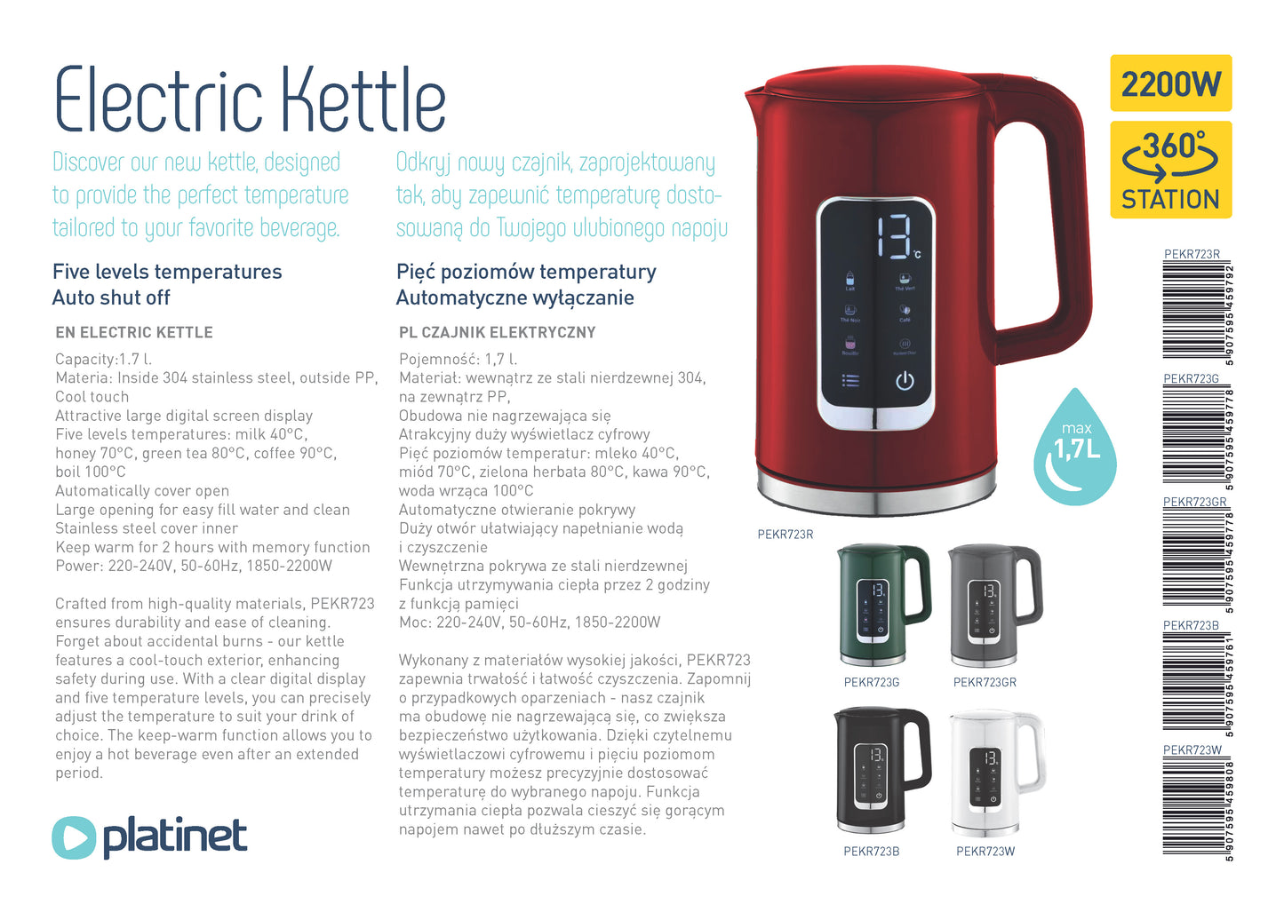 Platinet PEKR723G Waterkoker - Met Display - Warmhoud functie met Geheugen - 1.7L - Groen