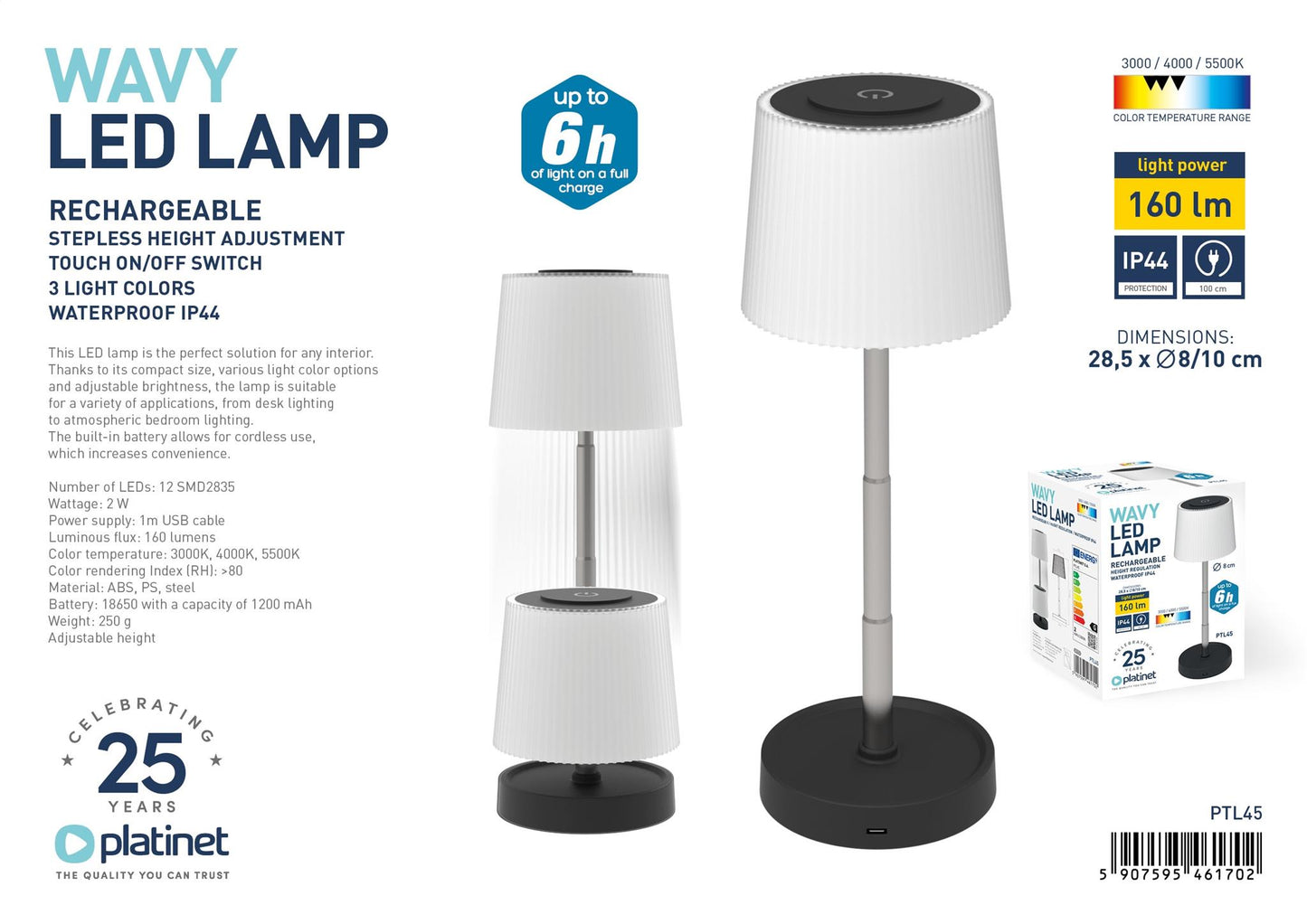 Platinet LED Tafellamp – 3 Lichtkleuren – Verstelbare Hoogte – USB Oplaadbaar – Wit