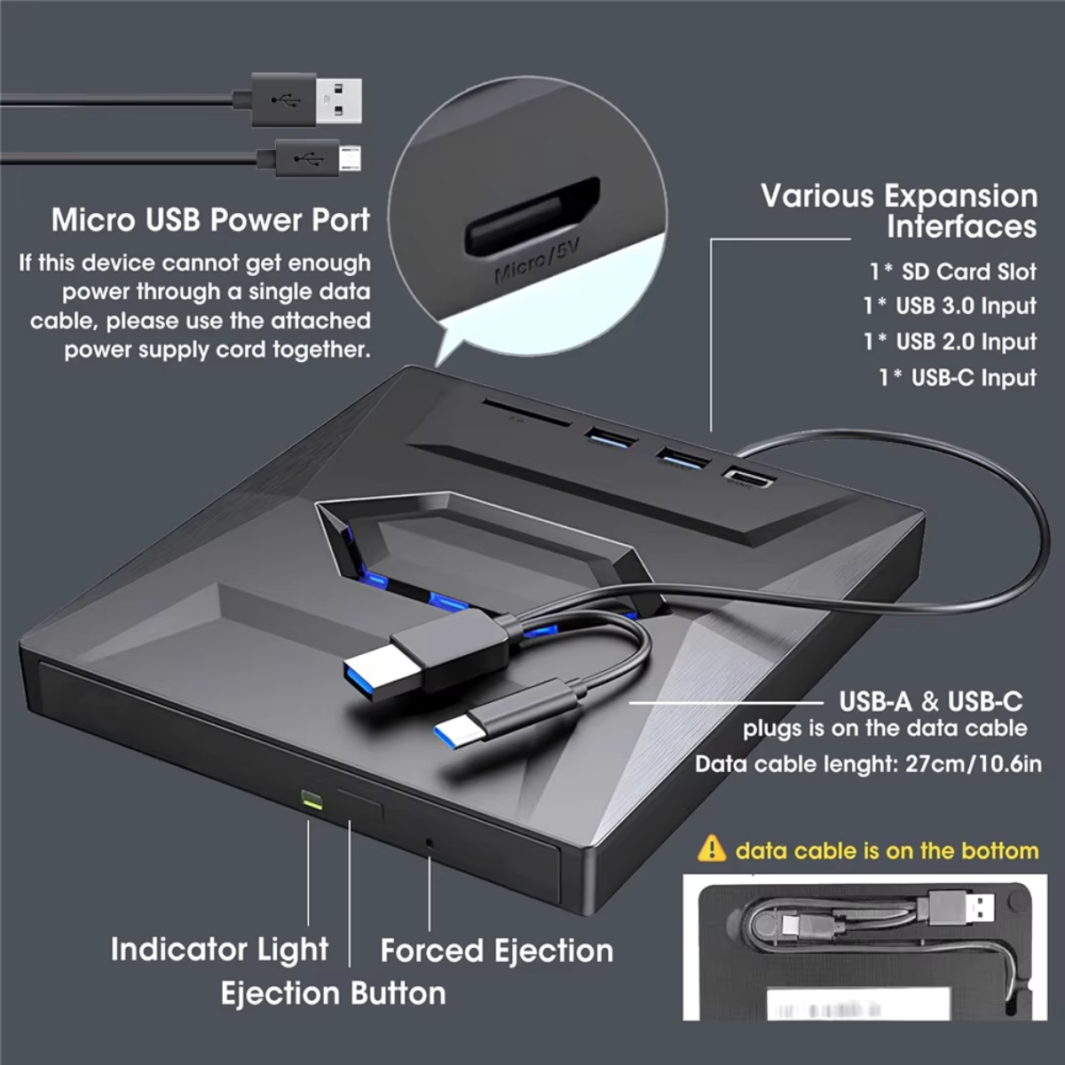 Delmark 4-in-1 USB 3.0 Externe DVD Speler en Brander + USB Hub - SD Kaartlezer - CD/DVD Lezer, Brander en Kaartlezer