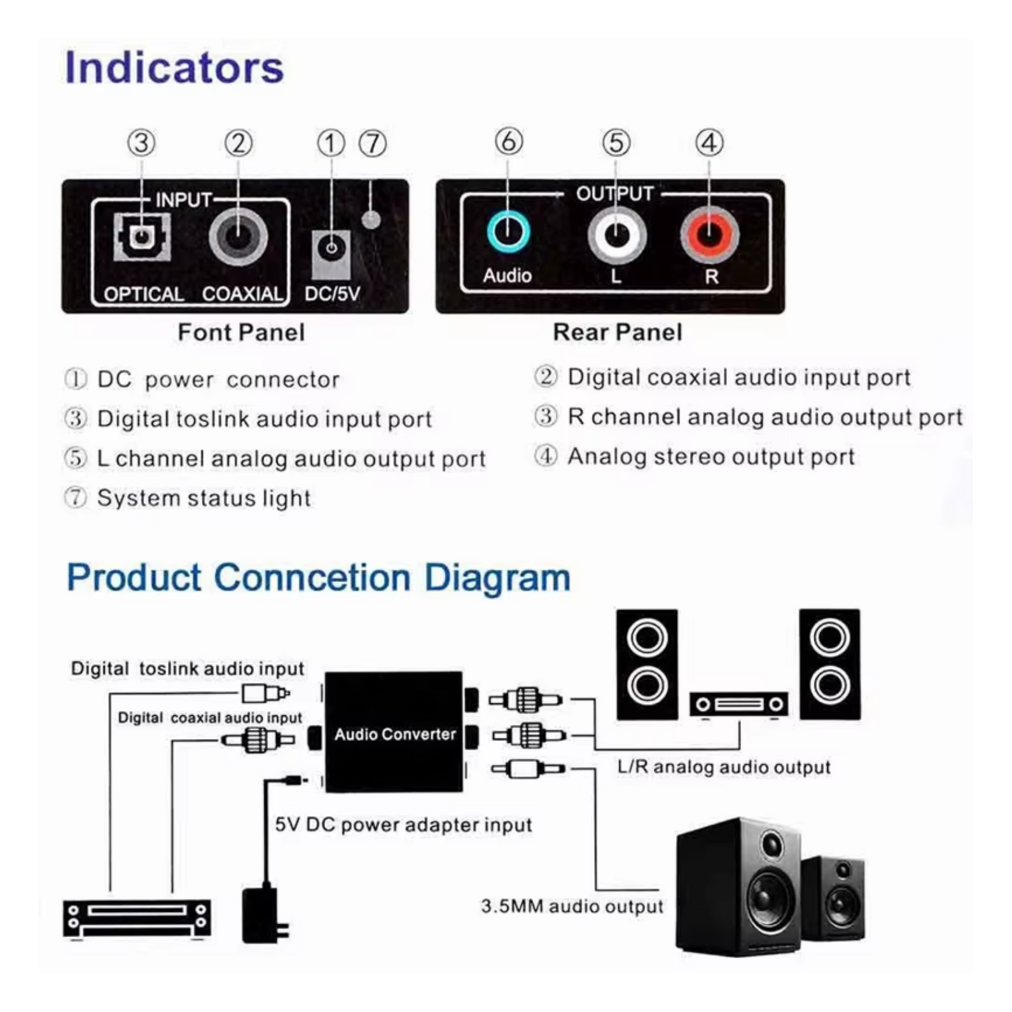 Delmark Digitaal naar Analoog Audio Converter - Toslink naar RCA of AUX hoofdtelefoon 3.5mm jack - Coax naar RCA