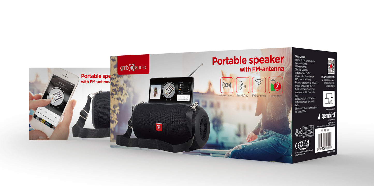 Gembird Draagbare Draadloze Speaker - FM Radio - Tot 7 uur - Bluetooth, AUX, SD kaart en USB - Zwart