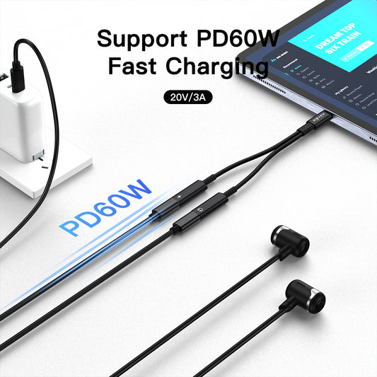 NÖRDIC USB-C naar USB-C + 3.5mm AUX adapter met 60W Power Delivery - 2-in-1 USB-C Audio Splitter