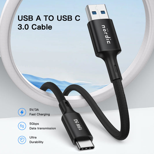 NÖRDIC USBC-N1038 USB-C naar USB-A kabel - USB3.2 Gen1 - 5m - 5Gbps - PD 60W - Zwart